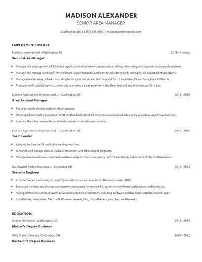 Senior Area Manager Resume