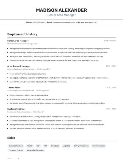 Senior Area Manager Resume