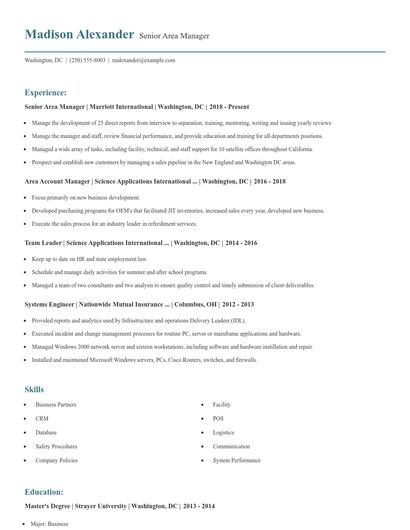 Senior Area Manager Resume
