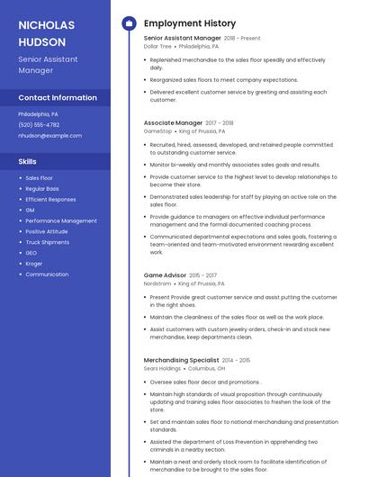 Senior Assistant Manager Resume