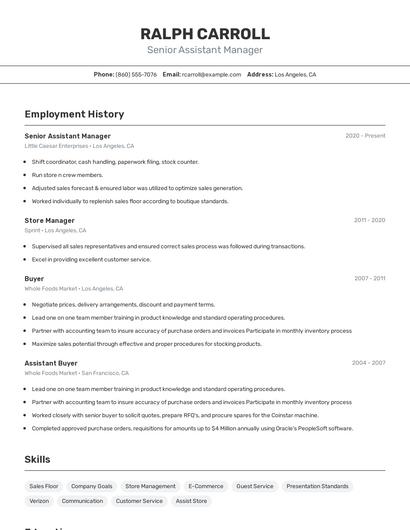 Senior Assistant Manager Resume