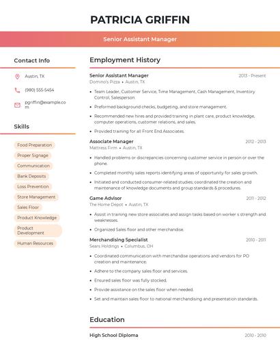 Senior Assistant Manager Resume