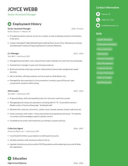 Senior Assistant Manager Resume