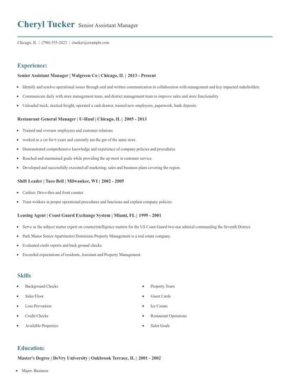 Senior Assistant Manager Resume