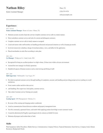 Senior Assistant Manager Resume