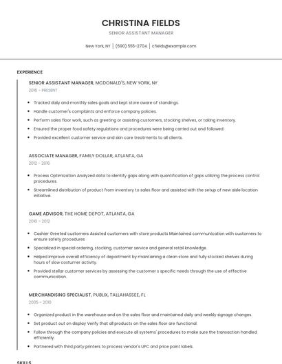 Senior Assistant Manager Resume