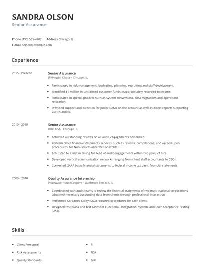 Senior Assurance Resume