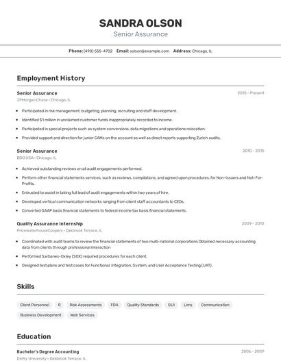 Senior Assurance Resume
