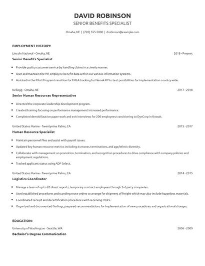 Senior Benefits Specialist Resume
