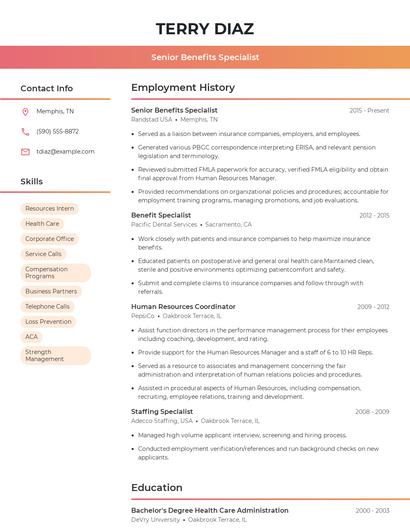 Senior Benefits Specialist Resume