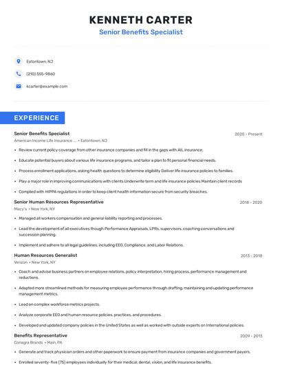 Senior Benefits Specialist Resume