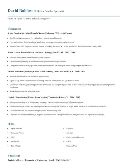 Senior Benefits Specialist Resume