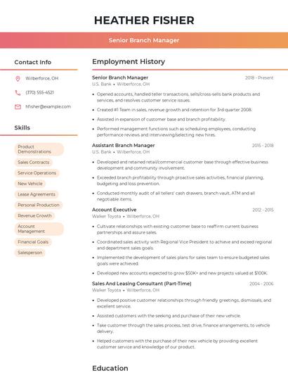 Senior Branch Manager Resume