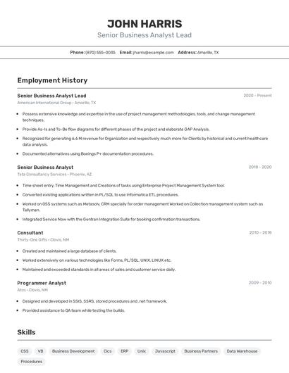 Senior Business Analyst Lead Resume