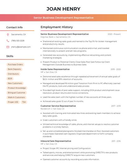 Senior Business Development Representative Resume