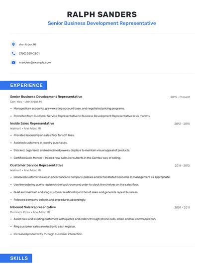 Senior Business Development Representative Resume