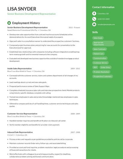Senior Business Development Representative Resume