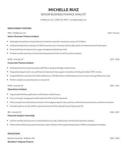 Senior Business Finance Analyst Resume