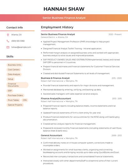 Senior Business Finance Analyst Resume