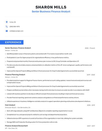 Senior Business Finance Analyst Resume