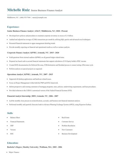 Senior Business Finance Analyst Resume