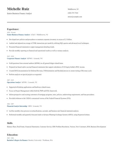 Senior Business Finance Analyst Resume