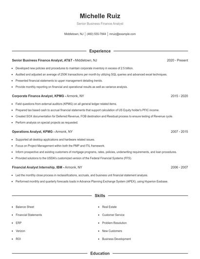 Senior Business Finance Analyst Resume
