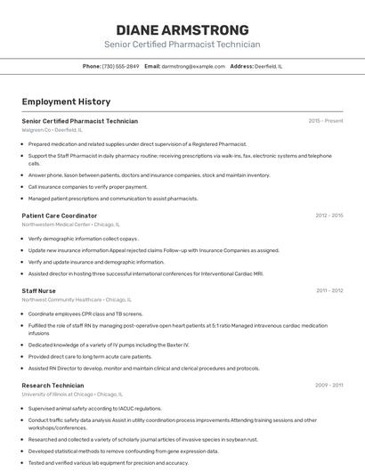 Senior Certified Pharmacist Technician Resume