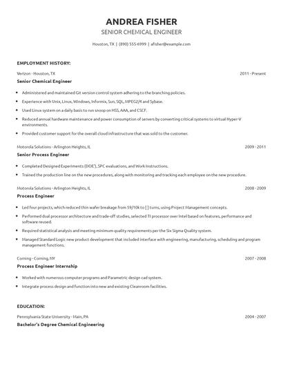 Senior Chemical Engineer Resume