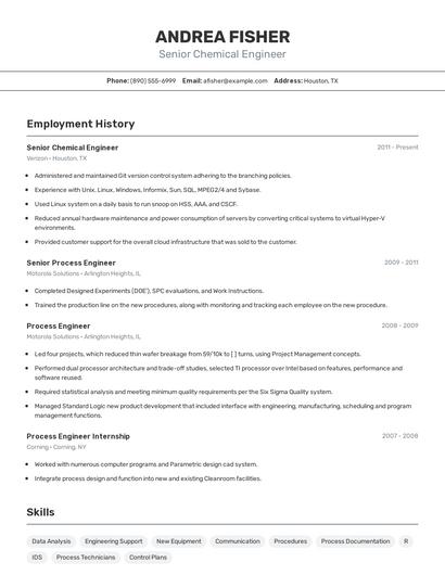 Senior Chemical Engineer Resume