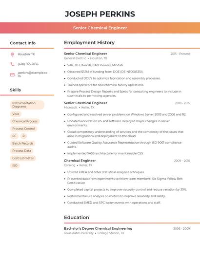 Senior Chemical Engineer Resume