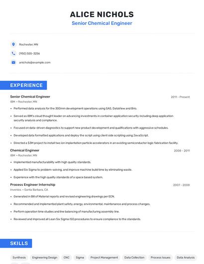 Senior Chemical Engineer Resume