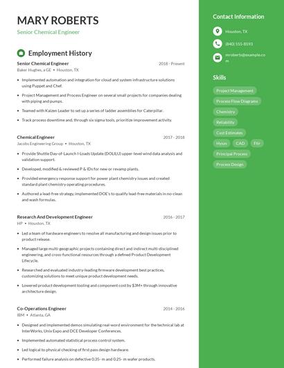 Senior Chemical Engineer Resume