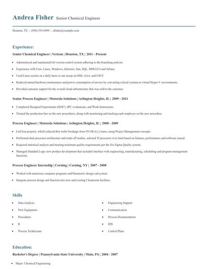 Senior Chemical Engineer Resume