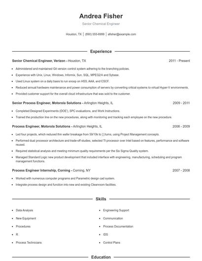 Senior Chemical Engineer Resume