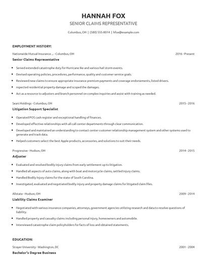 Senior Claims Representative Resume