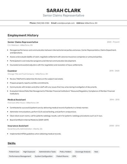 Senior Claims Representative Resume