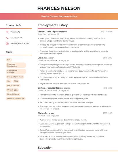 Senior Claims Representative Resume