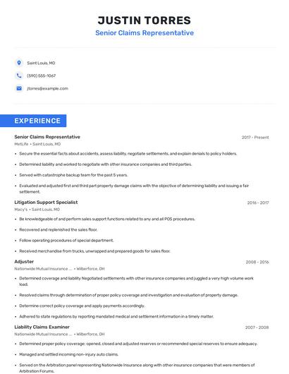 Senior Claims Representative Resume