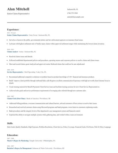 Senior Claims Representative Resume