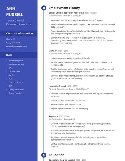 Senior Clinical Research Associate Resume