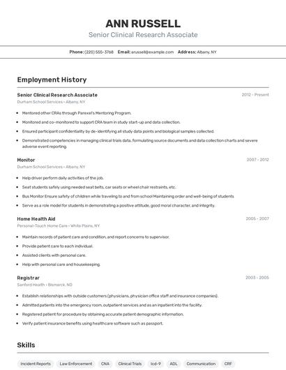 Senior Clinical Research Associate Resume