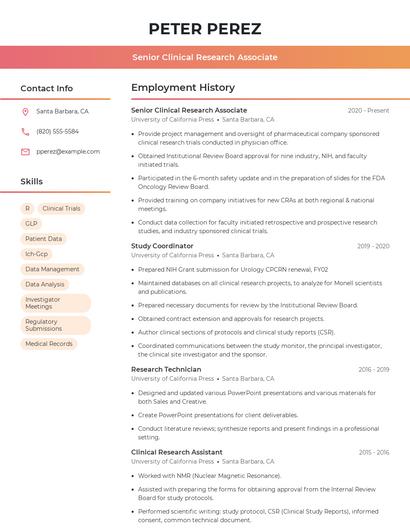 Senior Clinical Research Associate Resume