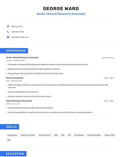 Senior Clinical Research Associate Resume