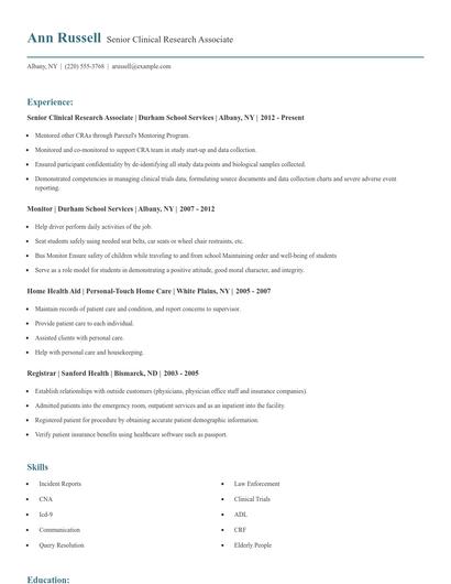 Senior Clinical Research Associate Resume