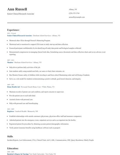 Senior Clinical Research Associate Resume