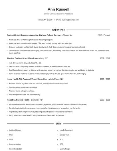 Senior Clinical Research Associate Resume