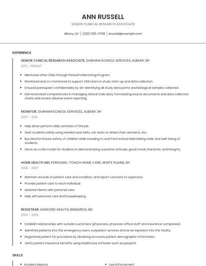 Senior Clinical Research Associate Resume