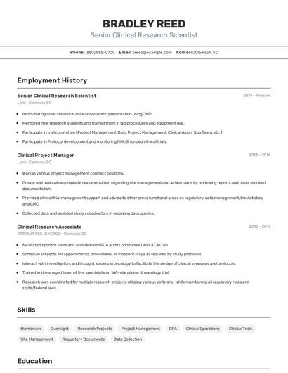 Senior Clinical Research Scientist Resume