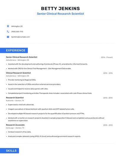Senior Clinical Research Scientist Resume